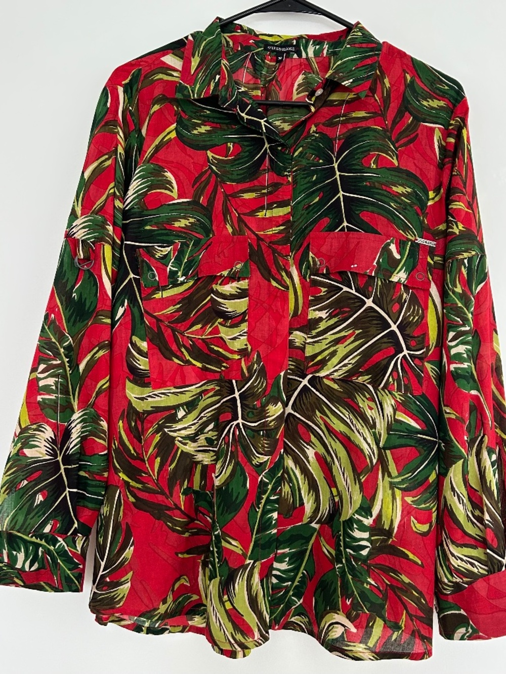 NWOT Le Lis Blanc Tropical Palm Print Button-Up Blouse, 100% Cotton, Size 38